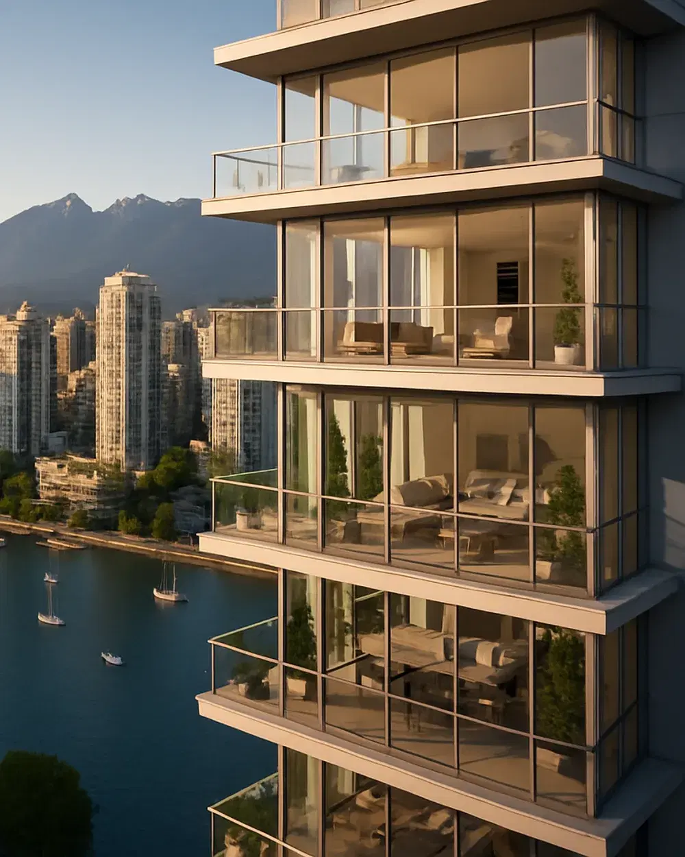 Condo balconies overlooking False Creek and the North Shore mountains