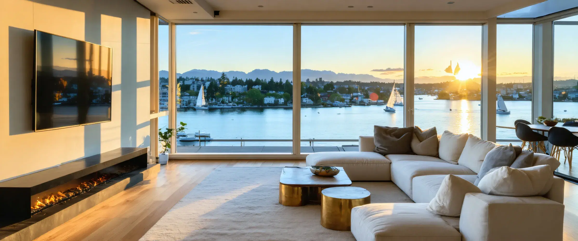 Bright Vancouver condo living room overlooking False Creek at golden hour