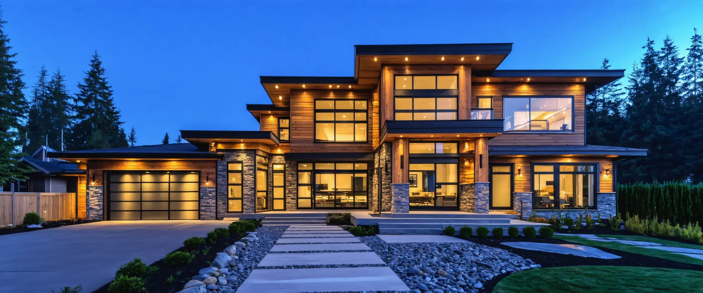 West Coast home at twilight with warm lights and a stone path